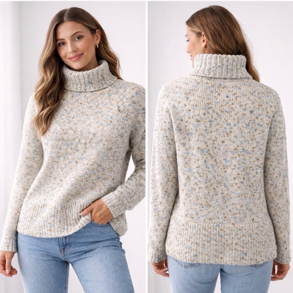 J.Jill Speckled Cream Turtleneck Sweater | Teal & Olive Fleck | Size S